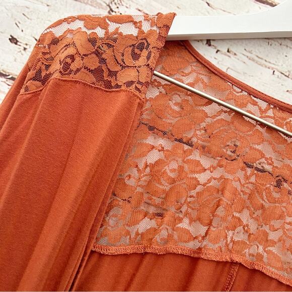 TORRID Super Soft Rust Burnt Orange Front Drape Lace Yoke Cardigan Sweater Sz 1 - Picture 7 of 8